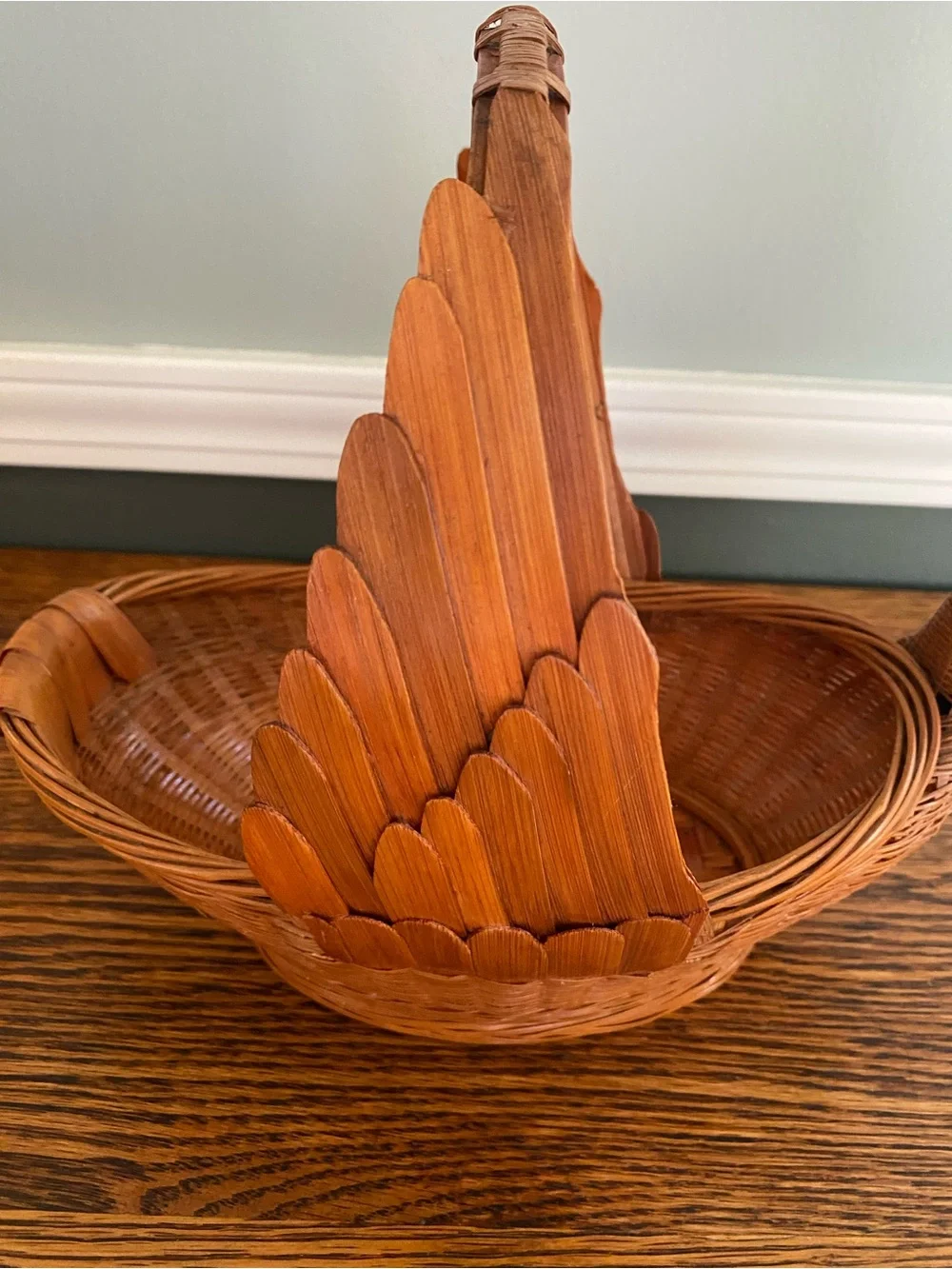 Vintage Woven Wicker Rattan Duck Basket Angled Neck Wood Beak Eyes